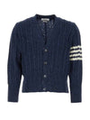 Donegal Twist Cable 4 Bar Classic V Neck Cardigan Blue - THOM BROWNE - BALAAN 2