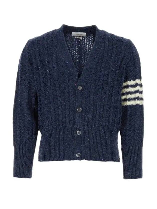 Donegal Twist Cable 4 Bar Classic V Neck Cardigan Blue - THOM BROWNE - BALAAN 2