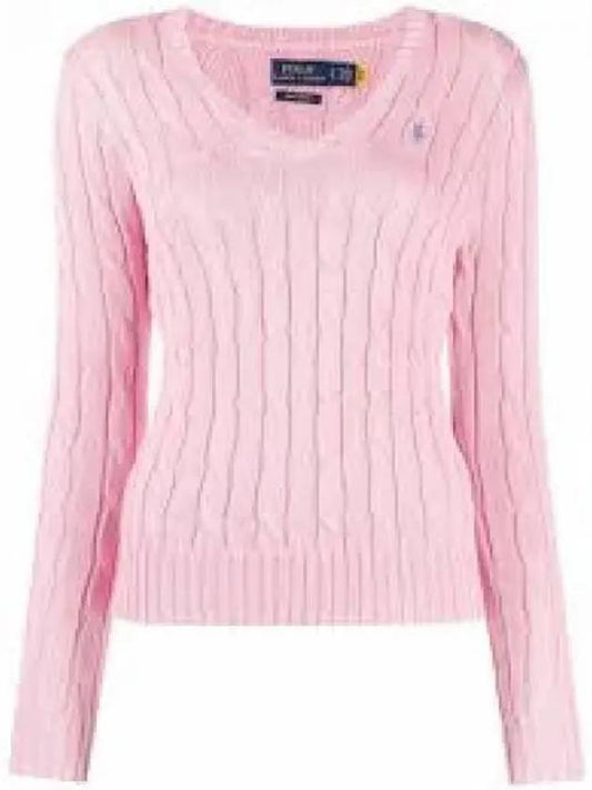 Reserve W Cable Knit Cotton V Neck Sweater Pink - POLO RALPH LAUREN - BALAAN 1