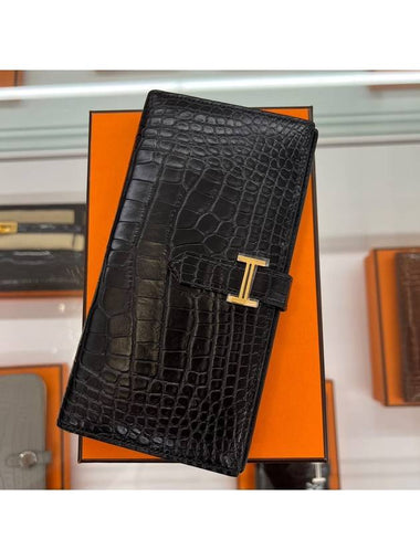 Bean long wallet black gold crocodile leather matte - HERMES - BALAAN 1