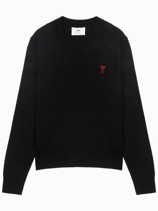 Heart Logo Crew Neck Merino Wool Knit Top Black - AMI - BALAAN 1