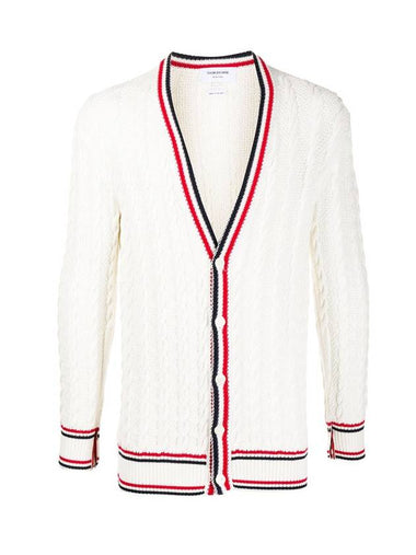 Heritage Cable V-Neck Cardigan White - THOM BROWNE - BALAAN 1