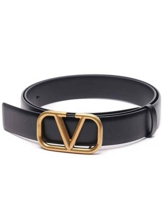 Gold V Logo Signature Leather Belt Black - VALENTINO - BALAAN 2