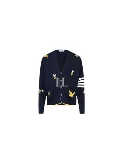 Men's Merino Bird Bee 4 Bar V-Neck Merino Cotton Cardigan Navy - THOM BROWNE - BALAAN 2