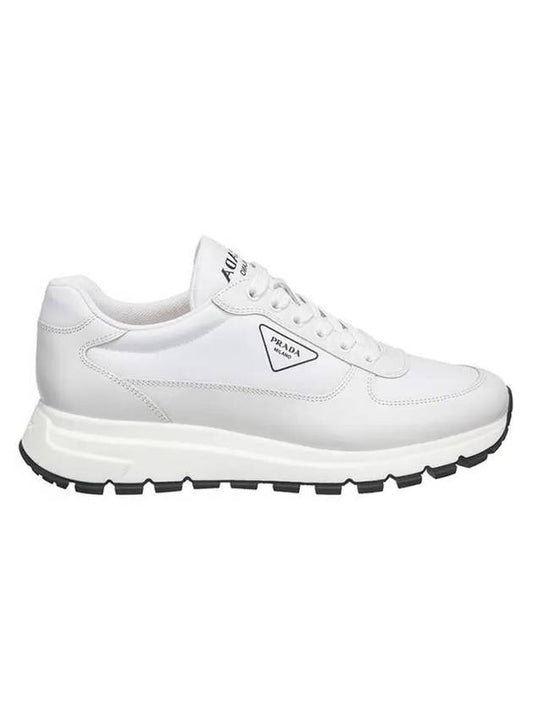 Triangle Logo Fabric Leather Low Top Sneakers White - PRADA - BALAAN 1