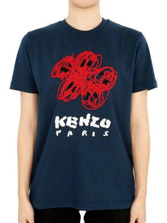Graphic Print Crew Neck Cotton Short Sleeve T-Shirt Blue - KENZO - BALAAN 2
