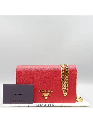 1BP006 Red leather SAFFIANO LUX gold mini chain cross bag - PRADA - BALAAN 1