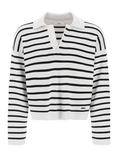 Embroidery Logo Sailor Stripe Polo Knit Top Black White - AMI - BALAAN 1