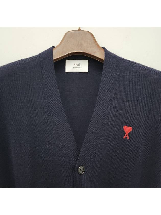 Red Heart Logo Merino Wool Cardigan Navy - AMI - BALAAN 5