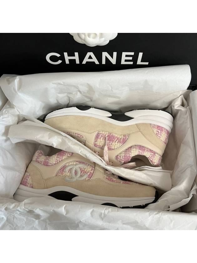 CC Logo Cotton Tweed Suede Calfskin Low Top Sneakers Pink Ecru - CHANEL - BALAAN 8