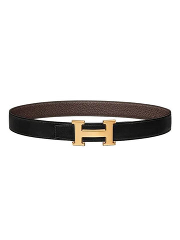 H Gold Buckle Reversible 32mm Leather Belt Noir Chocolate - HERMES - BALAAN 1