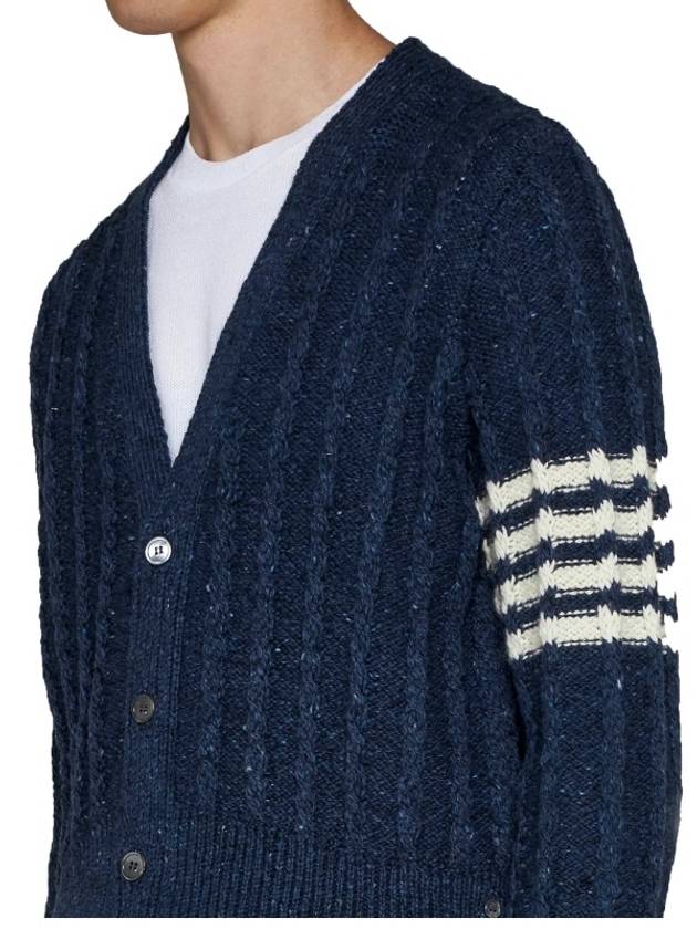 Donegal Twist Cable 4 Bar Classic V Neck Cardigan Blue - THOM BROWNE - BALAAN 7