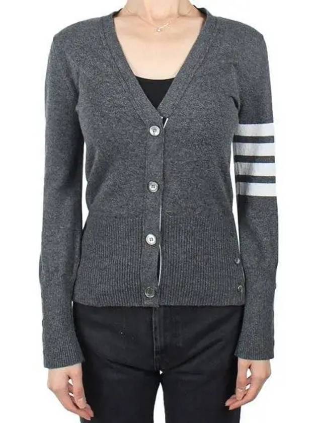 4-Bar V-Neck Cashmere Cardigan Grey - THOM BROWNE - BALAAN 2