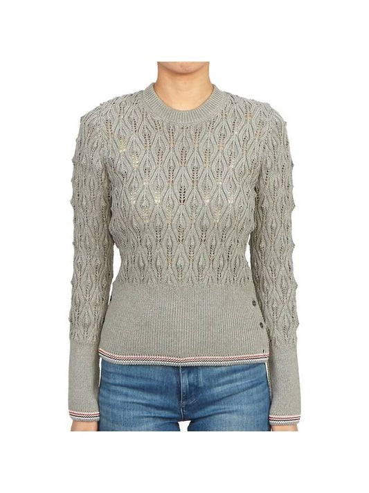 Pointelle Tipping Crew Neck Pullover Knit Top Grey - THOM BROWNE - BALAAN 1