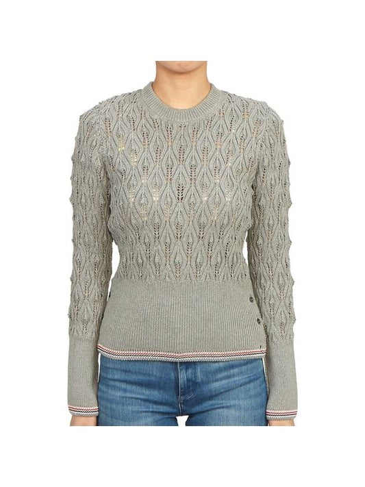 Pointelle Tipping Crew Neck Pullover Knit Top Grey - THOM BROWNE - BALAAN 2