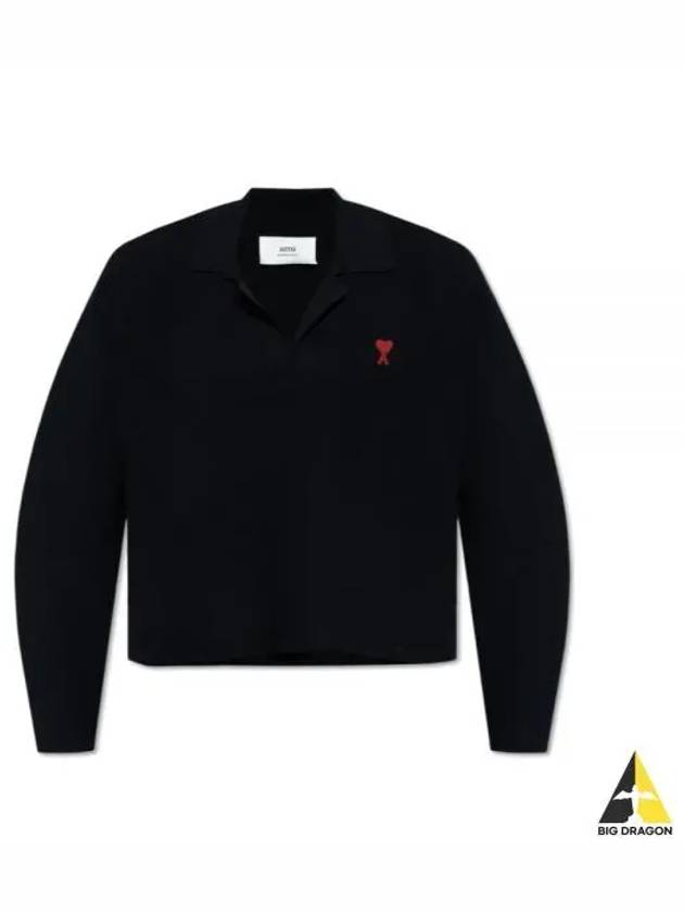 Small Heart Long Sleeve Polo Shirt Black - AMI - BALAAN 2