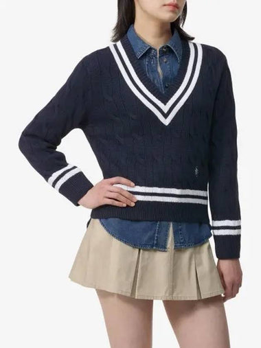 SRC cable V neck knit navy WSAW232NA - SPORTY & RICH - BALAAN 1