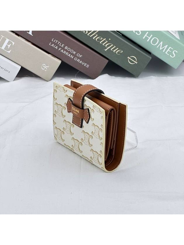 Triomphe Canvas Lambskin Small Strap Half Wallet White Tan - CELINE - BALAAN 3