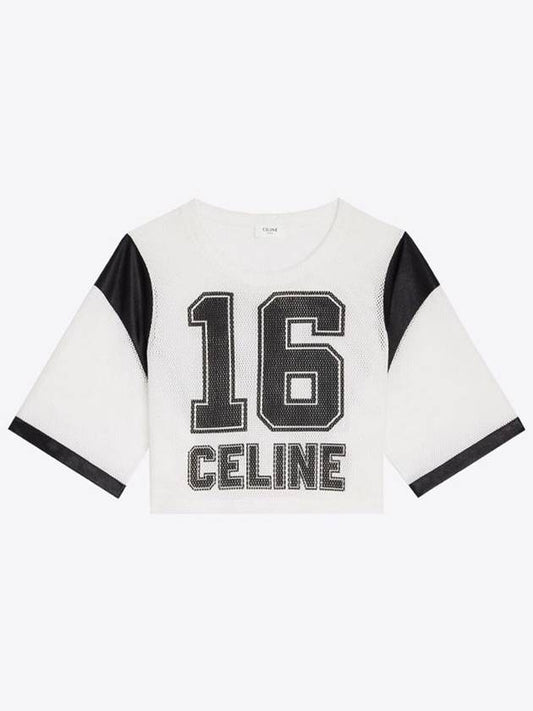 Women's 16 Print Jersey Mesh Crop Short Sleeve T-Shirt Black White - CELINE - BALAAN 2