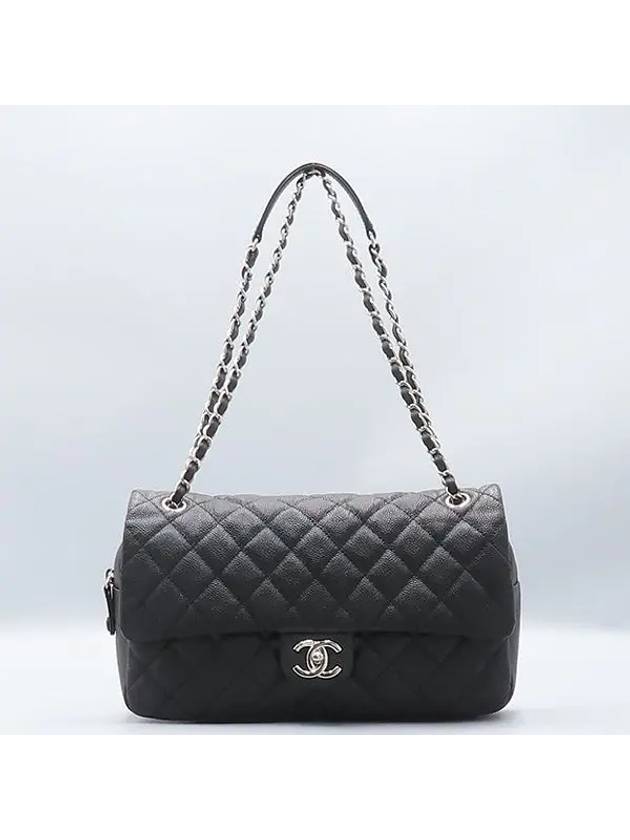 A67742 Black EASY CAVIAR Flap Silver COCO Logo Large Zip up Chain Shoulder Bag - CHANEL - BALAAN 2