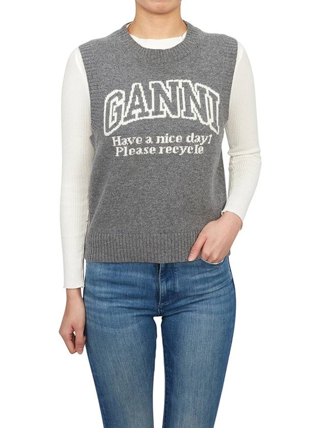 Logo Graphic Crew Neck Wool Knit Vest Grey - GANNI - BALAAN 5