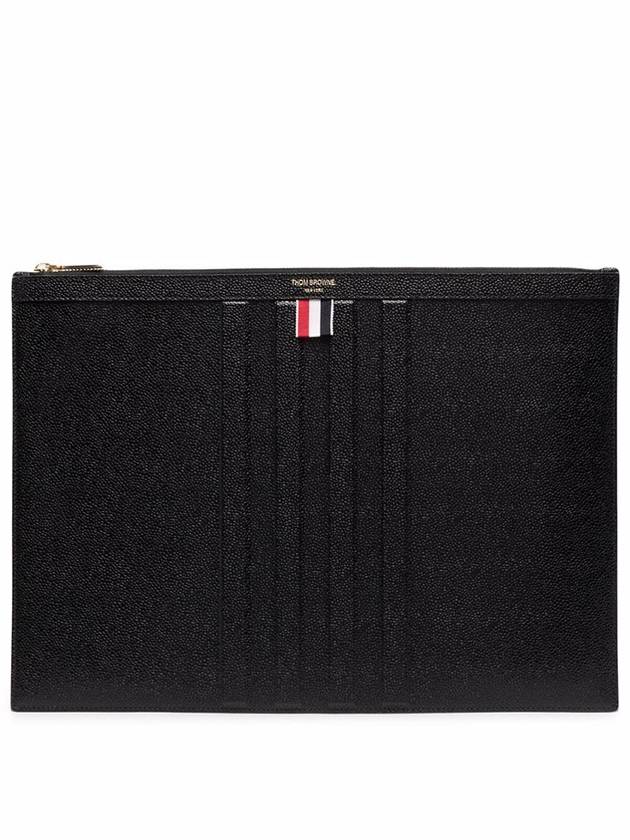 Logo Striped Pebbled Leather Clutch Bag Black - THOM BROWNE - BALAAN 3