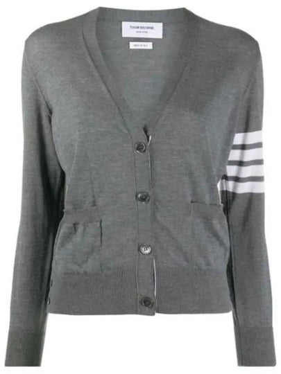 Sustainable Fine Merino Wool 4-Bar Relaxed Fit V-Neck Cardigan Medium Grey - THOM BROWNE - BALAAN 2