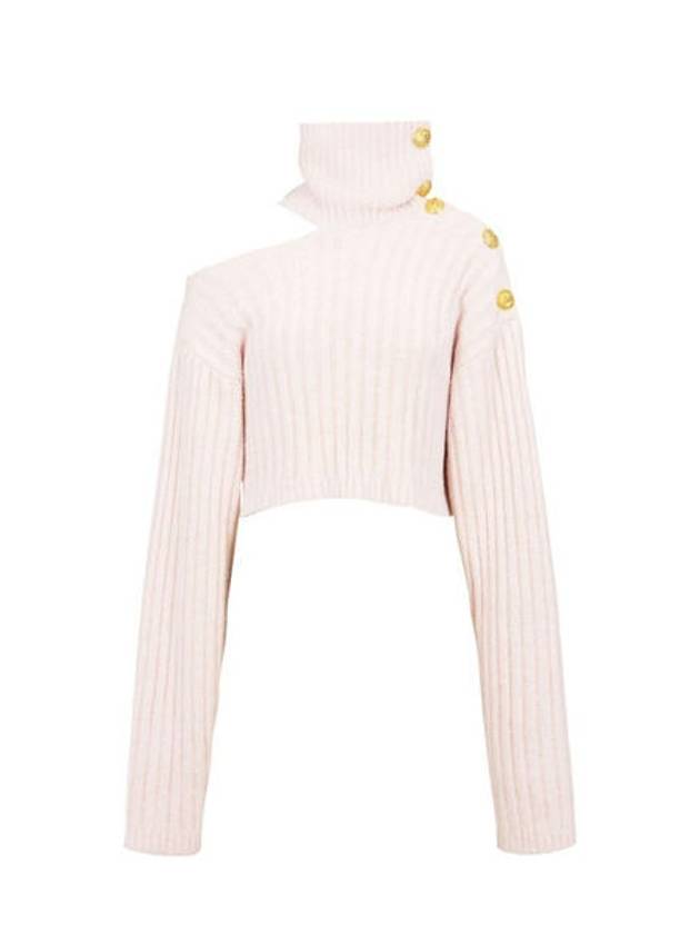 High-Neck Cut-Out Button Ribbed Knit Turtleneck Pink - BALMAIN - BALAAN 4