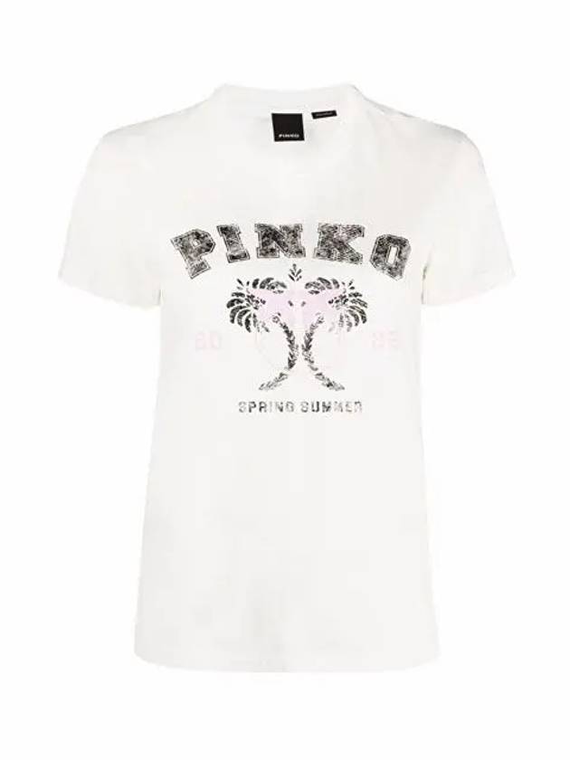 Tivoli Palm Tree Short Sleeve T-Shirt White Women 1G178N Y6K7 Z14 - PINKO - BALAAN 2