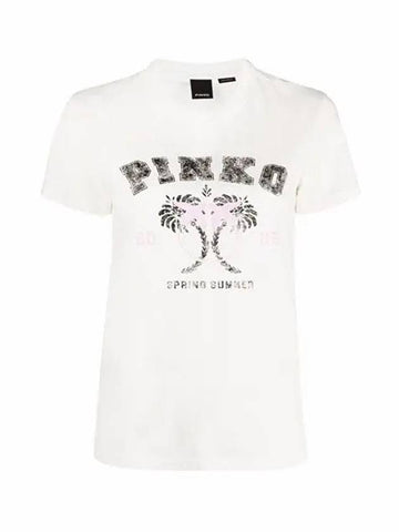 Tivoli Palm Tree Short Sleeve T-Shirt White Women 1G178N Y6K7 Z14 - PINKO - BALAAN 1