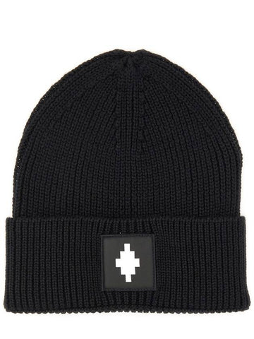 Logo Patch Ribbed Wool Beanie Black - MARCELO BURLON - BALAAN 1