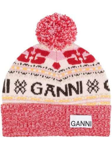 Logo Graphic Intarsia Knit Beanie Red - GANNI - BALAAN 1