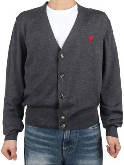 Red Heart Logo Merino Wool Cardigan Heather Grey - AMI - BALAAN 2