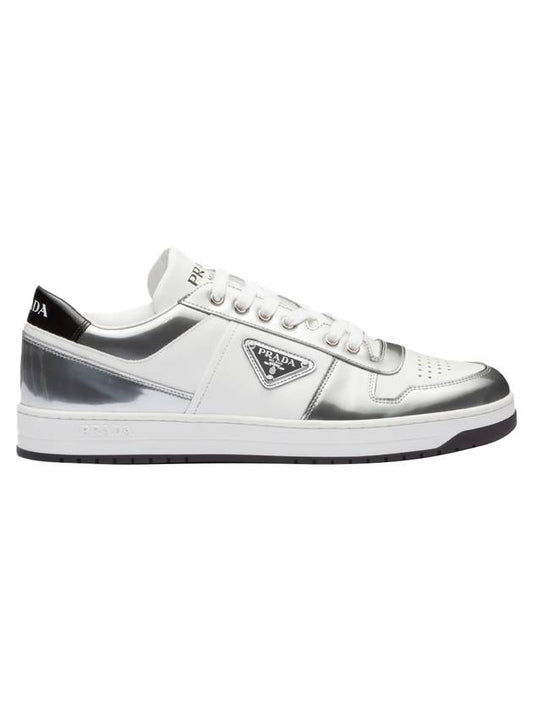 Men's Downtown Enamel Metal Triangle Logo Leather Sneakers White Silver - PRADA - BALAAN 1