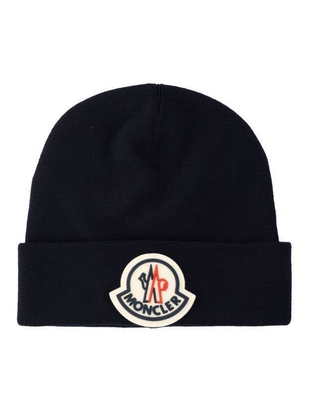 Maxi Logo Patch Wool Beanie Navy - MONCLER - BALAAN 1