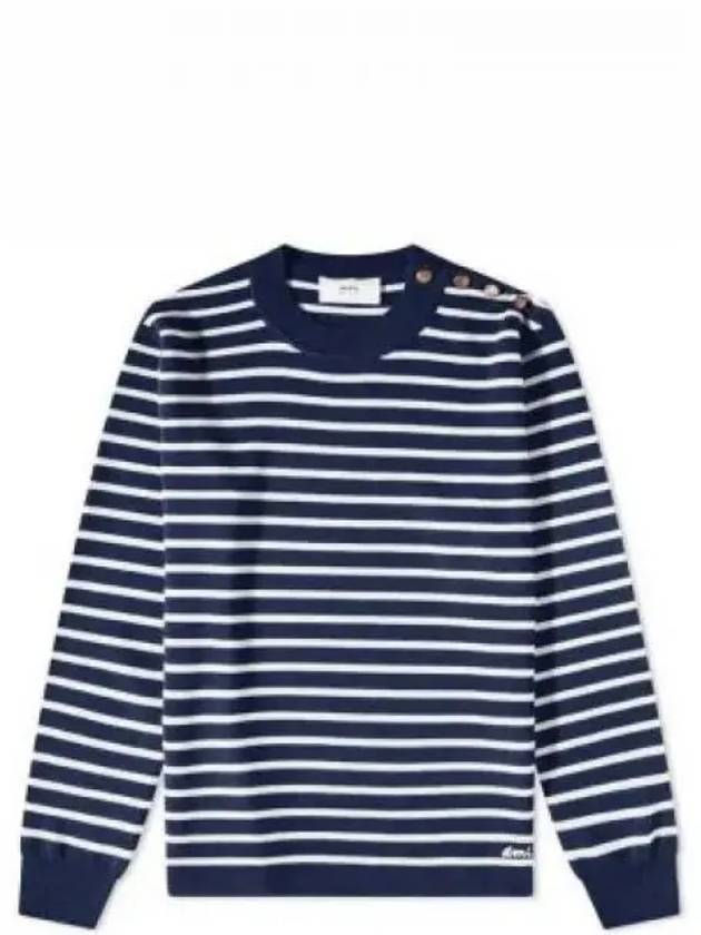 Striped button shoulder crew neck knit sweater navy HKS102 KN0003 - AMI - BALAAN 1