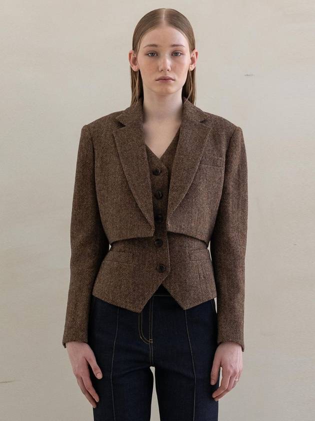 Wool Herringbone Tailored Crop Jacket Brown - DEFEMME - BALAAN 2