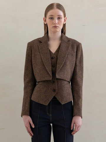 Wool Herringbone Tailored Crop Jacket Brown - DEFEMME - BALAAN 1