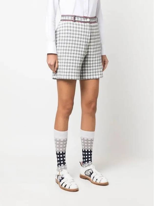 Gingham Stripe Trim High Waisted Shorts Medium Grey - THOM BROWNE - BALAAN 5