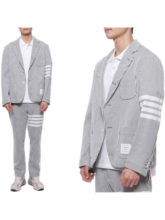 Men's 4 Bar Seesucker Loopback 4 Bar Sack Cardigan Grey - THOM BROWNE - BALAAN 2