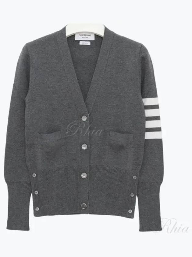 Milano Stitch 4 Bar Classic V Neck Fine Merino Wool Cardigan Medium Grey - THOM BROWNE - BALAAN 2