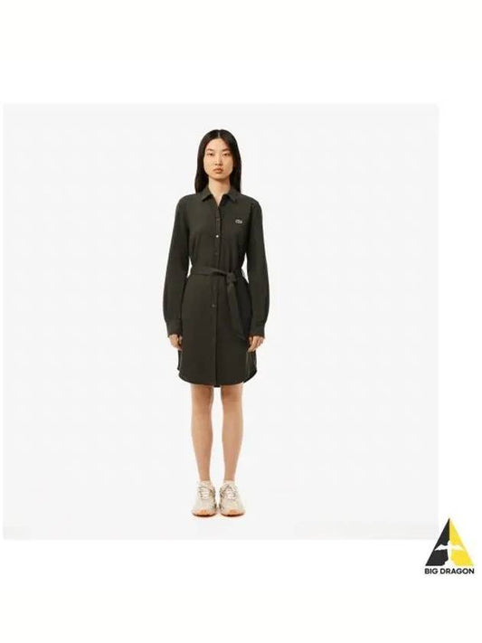 Women s Belted Pique Shirt Dress Dark Khaki - LACOSTE - BALAAN 1