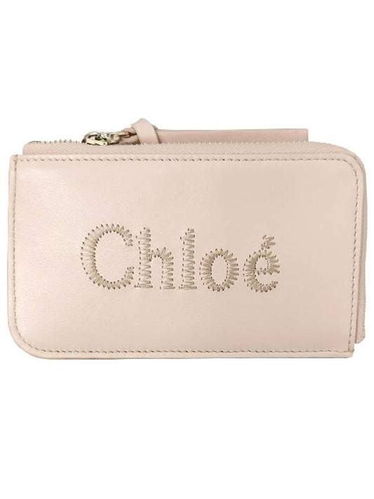 Embroidered Logo Shiny Calf Skin Zipper Card Wallet Pink - CHLOE - BALAAN 2