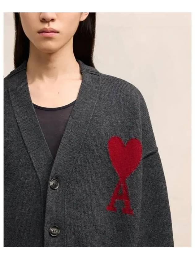 Heart Logo V Neck Wool Cardigan Heather Grey - AMI - BALAAN 7