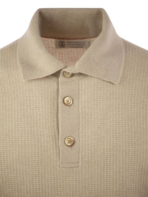 Waffle stitch cashmere knit polo shirt with long sleeve - BRUNELLO CUCINELLI - BALAAN 4