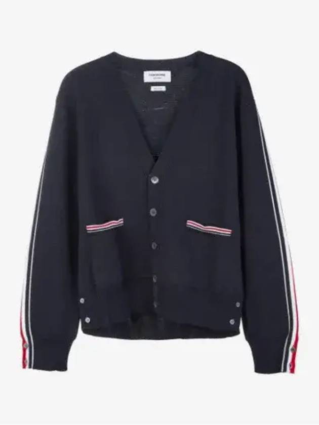 Men's Navy Side Intarsia Milano Stitch Wool Cardigan Navy - THOM BROWNE - BALAAN 2