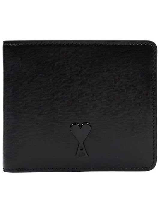 Heart Logo Bi Fold Leather Half Wallet Black - AMI - BALAAN 2