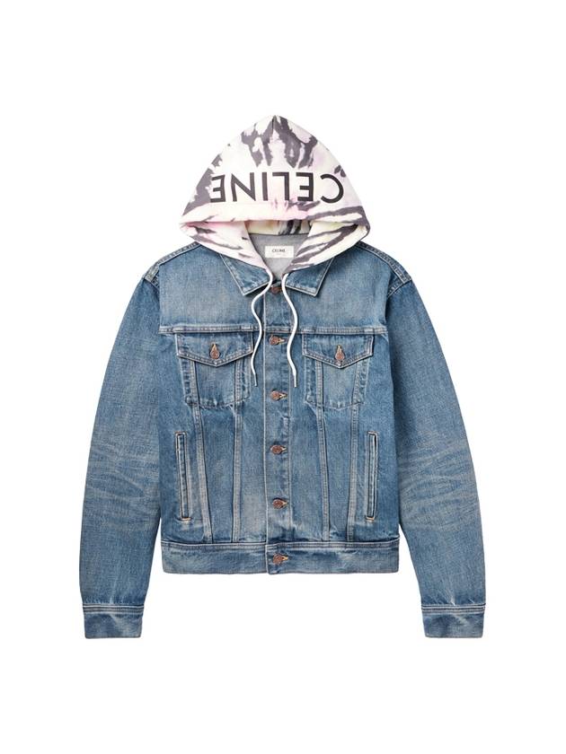 Logo Hoodie Union Wash Denim Jacket Blue - CELINE - BALAAN 1