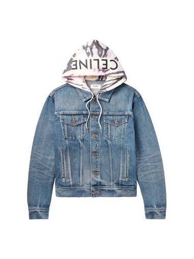 Logo Hoodie Union Wash Denim Jacket Blue - CELINE - BALAAN 1