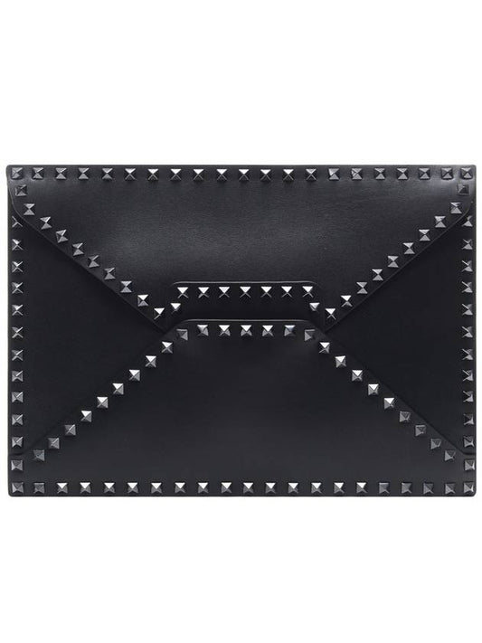 Rockstud Untitled Leather Clutch Bag Noir - VALENTINO - BALAAN 2